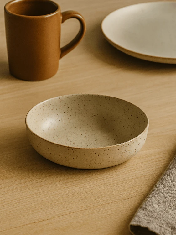 Płytka, nakrapiana beżowa miska ceramiczna stoi na jasnym drewnianym stole. Minimalistyczna aranżacja naczyń obejmuje brązowy kubek, pasujący talerz oraz lnianą serwetkę w tle.