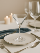Elegancki kieliszek do martini w nastrojowej aranżacji stołowej, na białym talerzu ze złotą obwódką. Obok srebrne sztućce i granatowa serwetka, w tle dwie zapalone świece.